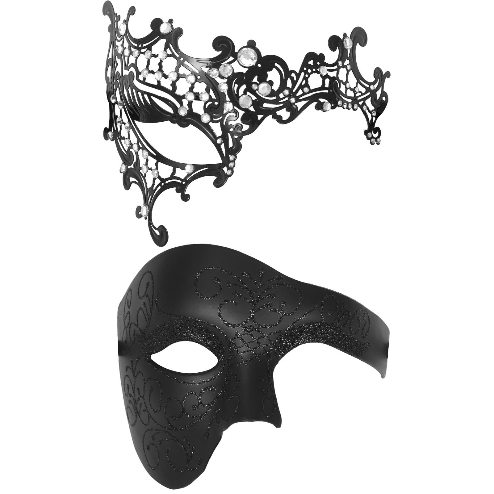 Cupimatch Masquerade Mask Couples Set: Venetian Metal & Plastic Half Face Masks for Halloween, Costume Party, Cosplay - Couples Costume Accessory (Black)