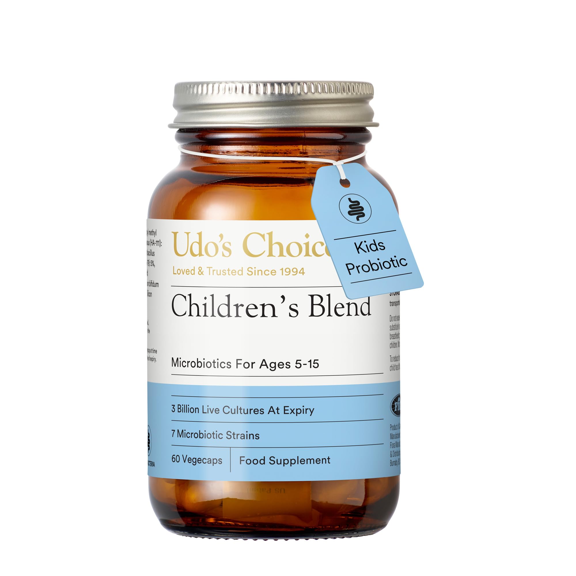 Children’s Probiotic Supplement – UDO’s Choice Children’s Blend – 7 Child-Specific Strains – 3 Billion CFU – Daily Digestive Support for Ages 5–15 – Gluten Free, FOS Free – 60 Vegetarian Capsules