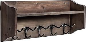 Coat Hooks with Shelf Wall-Mounted, Rustic Wood Entryway Shelf with 5 Vintage Metal Hooks, Farmhouse Mounted Coat Rack and Upper Shelf for Storage, Perfect for Your Entryway, Kitchen, Bathroom