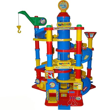 Wader Park Garage Tower, 7 Ebenen, Waschanlage, Tankstelle und Autos, 59 x 77 cm - Spielzeug Parkgarage Parkhaus Spielstrasse