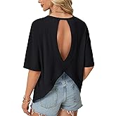 Rooscier Women's Open Back Workout Tops Cut Out Half Sleeve Crew Neck Casual T Shirts Blouse