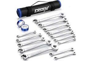 DISEN 16-Piece Flare Nut Wrench Set with PTFE Tape Metric and SAE 1/4" -7/8" & 6-21mm, CR-V Steel Double Open End Brake Line 