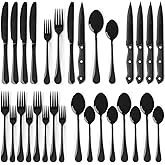Astercook 24-Piece Black Silverware Set with Steak Knives Flatware Set for 4 Food-Grade Stainless Steel Cutlery Set Mirror Polished Utensils Set Include Spoons and Forks for Home Kitchen Restaurant