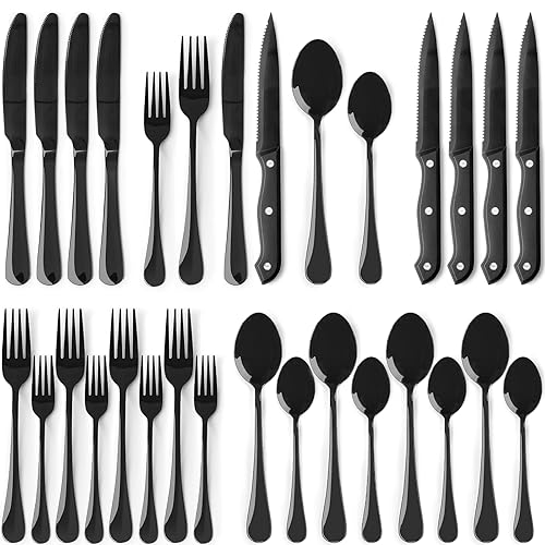 Astercook 24-Piece Black Silverware Set with Steak Knives Flatware Set for 4 Food-Grade Stainless Steel Cutlery Set Mirror Polished Utensils Set Include Spoons and Forks for Home Kitchen Restaurant