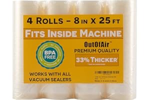 8" x 25' Rolls (Fits Inside Machine) - 4 Pack (100 feet total) OutOfAir Vacuum Sealer Rolls. Works with FoodSaver Vacuum Sealers. 33% Thicker, BPA Free, Sous Vide, Commercial Grade