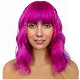 LANICE Short Bob Wigs with Bangs for Women Loose Wavy Hair Shoulder Length Rose Mix Purple Wigs Synthetic Colorful Wigs for Cosplay Daily PartyUse(Rose Mix Purple,12inch)