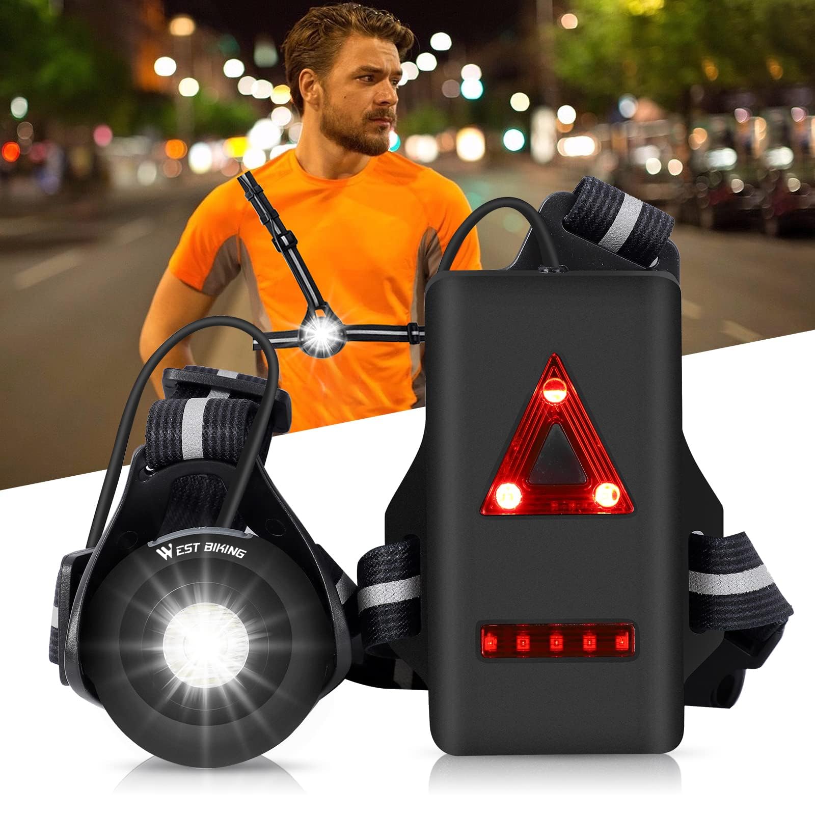 Running Light, Chest Run Light with Adjustable Beam 500 Lumens, USB Rechargeable Waterproof Front Lamp and Back Warning Flashing LEDs