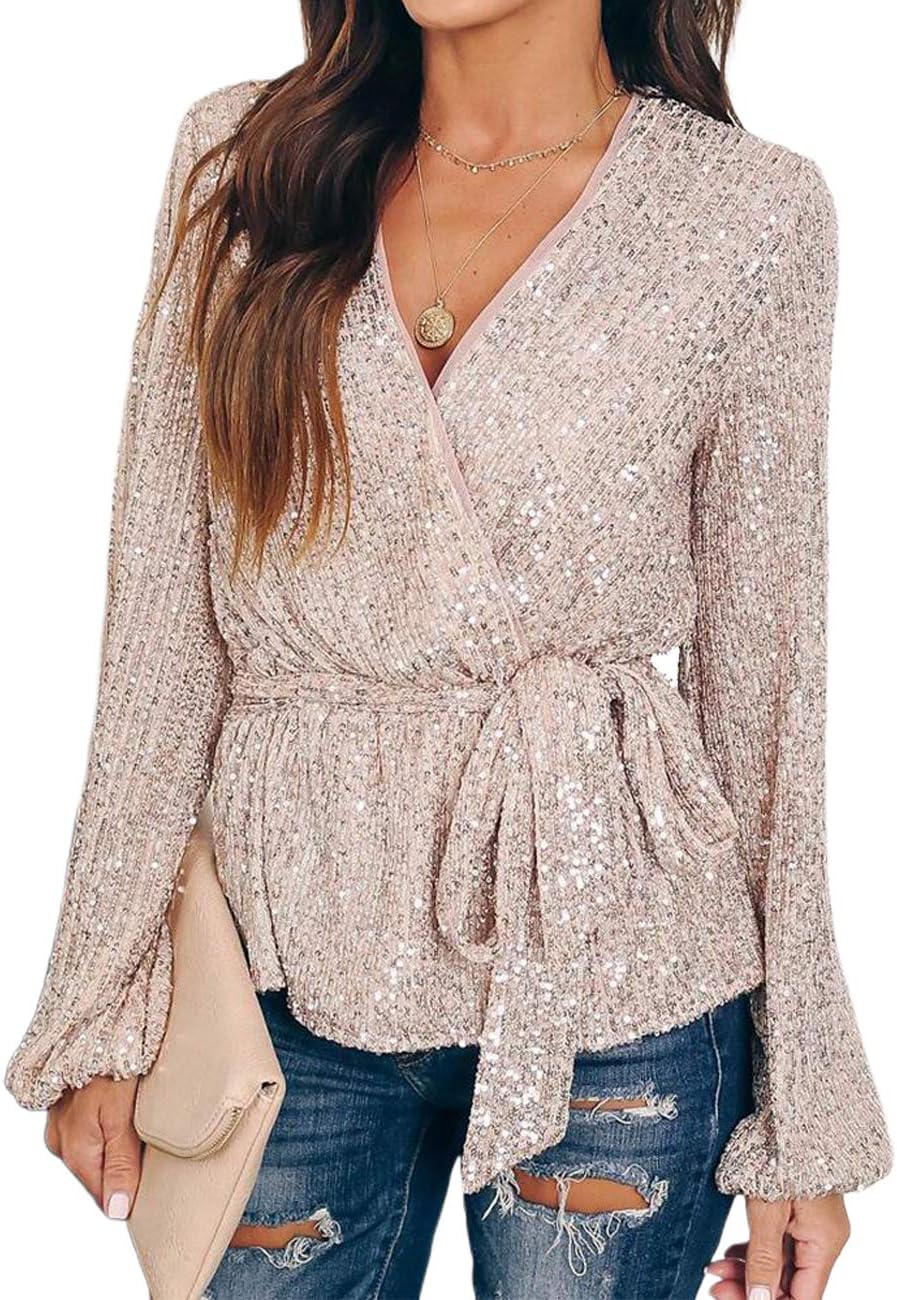 Women Fashion Sequins Tie Waist Wrap Top V-Neck Long Sleeve Casual Blouse Shirt
