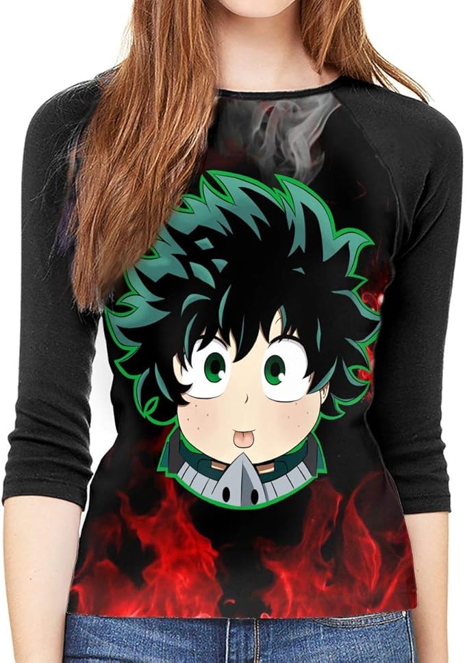 My Hero Academia Women 3/4 Sleeve Crew Neck Top T Shirts Black at