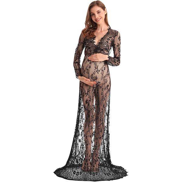ZIUMUDY Sexy Deep V-Neck Long Sleeve Lace Beach See-Through Maternity Maxi  Dress (Small, Black) at Amazon Women's Clothing store
