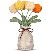 Marsui Crochet Knitting Tulip Bouquet with Vase 7" Knitted Artificial Forever Tulip Handmade Woven Flower with Exquisite Pot Gift for Valentine's Day Back to School Gift Family Home Desk Decor(Yellow)