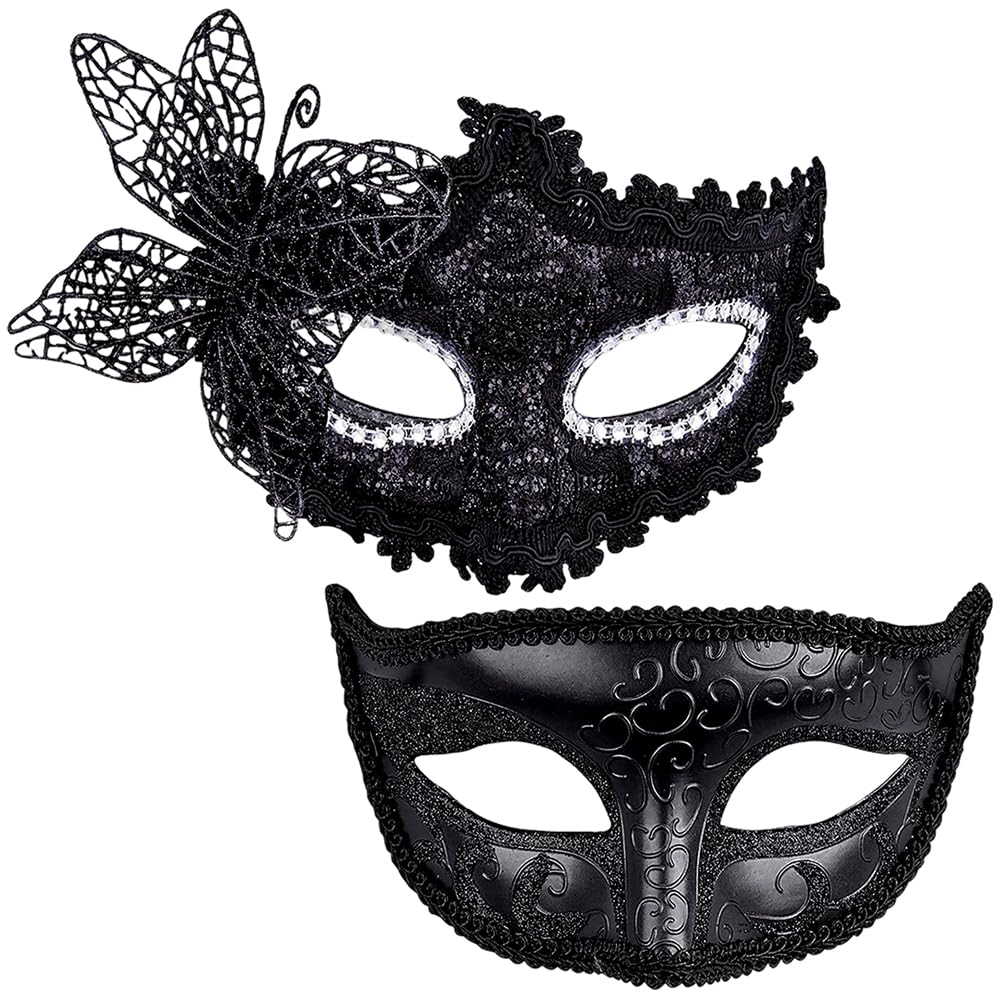 VorPrillynt Masquerade Mask, 2PCS Rhinestones Metal Cosplay Venetian Party Mask, Lace Couple Masks for Halloween, Party, Carnival Costume for Men and Women - Black B
