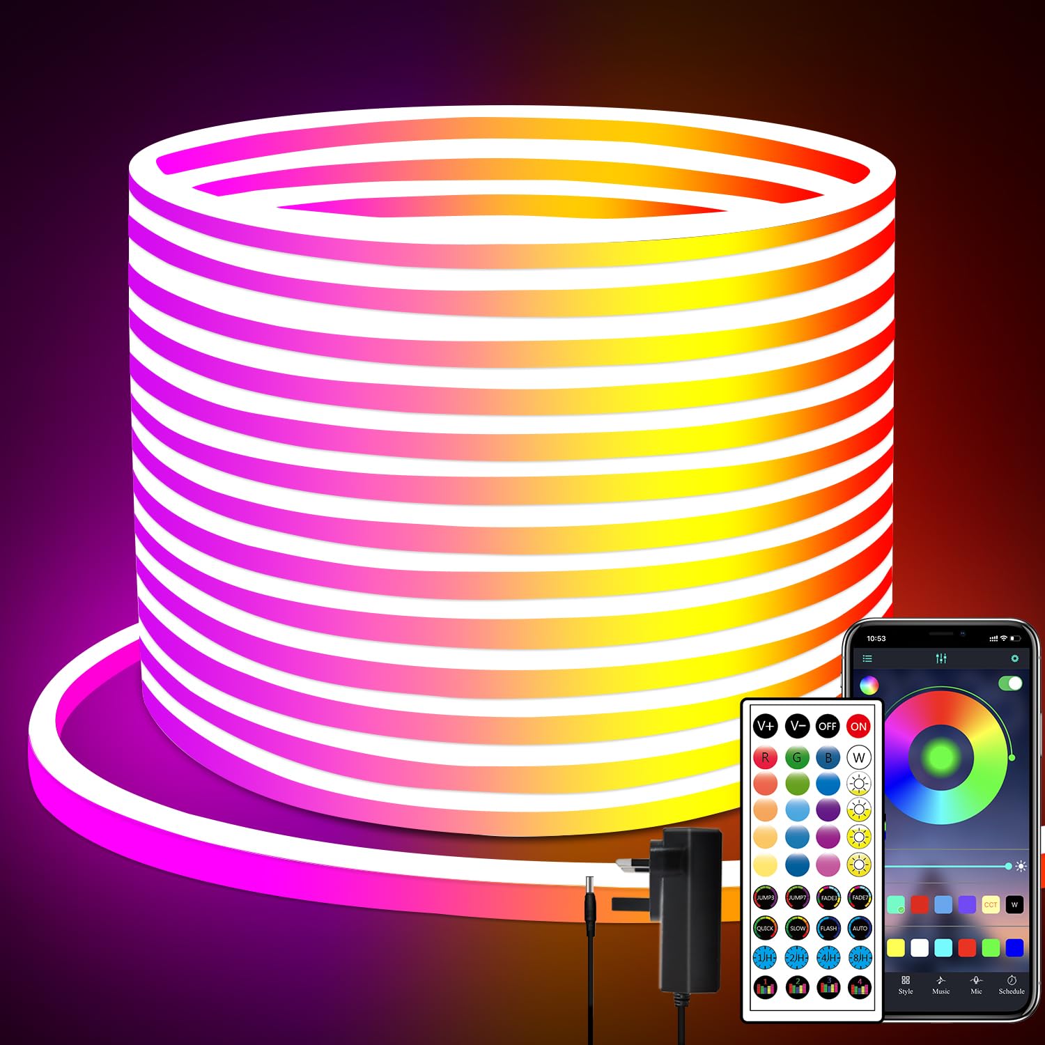 segrass LED neon Lights Strip 20M,DC 24V RGB LED neon Rope Light Strip APP Remote Controls Control Waterproof Flexible Neon Strip Lights for Bedroom,Playroom,Outdoors Décor
