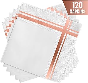 Fanxyware White and Rose Gold Cocktail Napkins, 3-ply, 120 Pack, 5