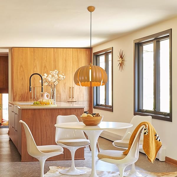 MID CENTURY MODERN PENDANT LIGHT FIXTURE, 14.5 INCH PUMPKIN ORANGE CEILING LIGHT WITH WHEAT STRAW MATERIAL SHAPE, SEMI FLUSH MOUNT CEILING LAMP FOR KITCHEN ISLAND, DINING TABLE, HALLWAY LIGHTING