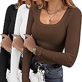 Ekouaer Womens 3 Pack Long Sleeve Shirts Square Neck Basic Ribbed Tops Tee Thermal Undershirts XS-XXL