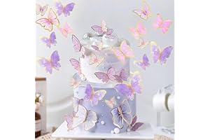 HAZYORE 60PCS Pink Purple Gold Butterfly Cake Toppers, 3D Cupcake Toppers Happy Birthday Metal Gold Topper for Girls Women's Party Decorations Women Party Wall Food Decorations,Mixed Size