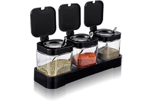 HOFURME 3 Pcs Condiment Jar Spice Container with Lids and Spoons, 8.6 oz Clear Glass Condiment Canisters Pots with Tray, Glass Seasoning Box Salt Container Sugar Bowl for Kitchen, Containers, Black