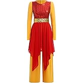 IBAKOM Women Praise Dance Overlay and Tunic with Jumpsuit Worship Metallic Chiffon Skirt Wide Leg Romper Liturgical Dancewear
