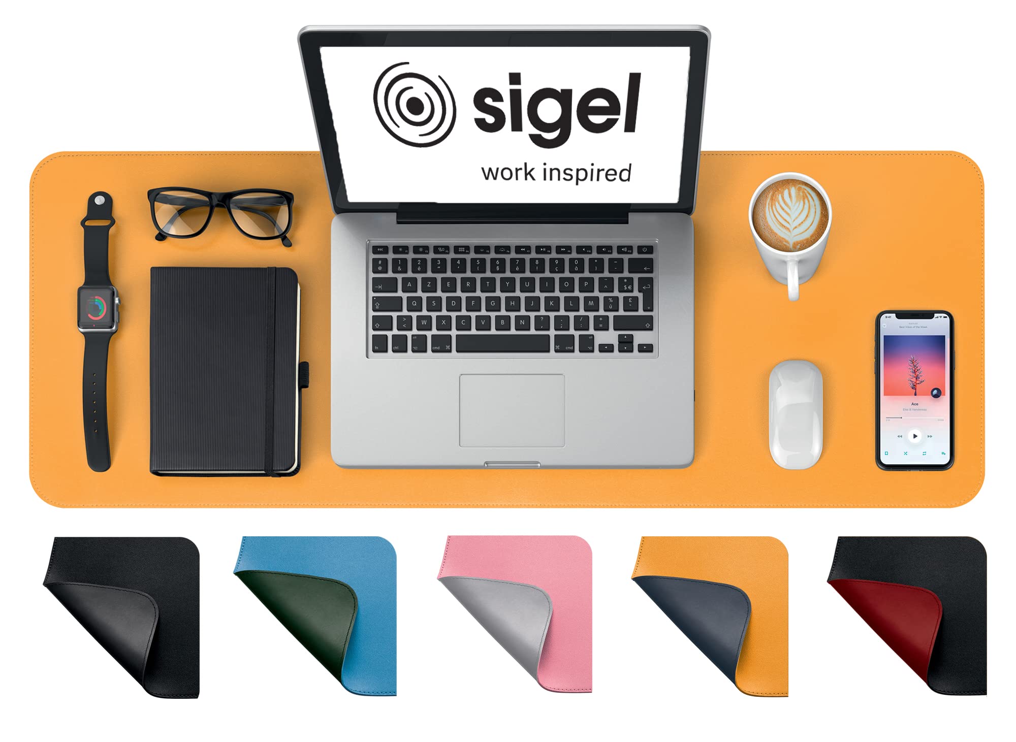 SIGEL SA601 Desk Pad - waterproof - imitation leather - Yellow, Grey - double sided - 80 x 30 cm