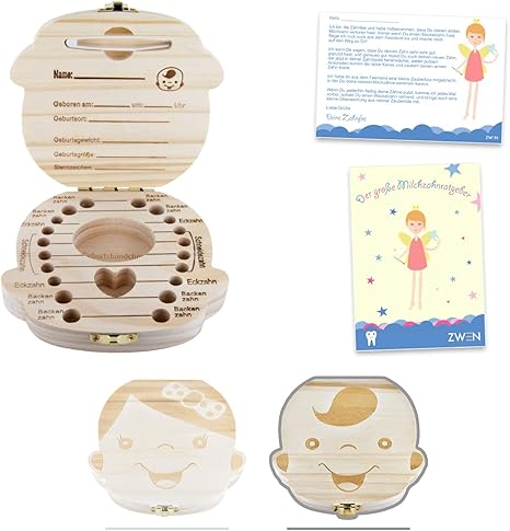 zwen para dientes de leche caja 2.0 [Nueva versión ╏ Alemán] de madera con pinzas, compartimento