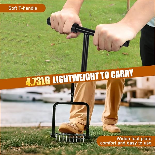ETSRMI LAWN AERATOR TOOL WITH 14 METAL SPIKES – MANUAL YARD AERATOR WITH SPRING BASE & AUTO LEAF CLEANING FOR SOIL AERATION, LAWN CARE, GRASS HEALTH – HEAVY DUTY AERATOR FOR GARDEN, BACKYARD, PATIO