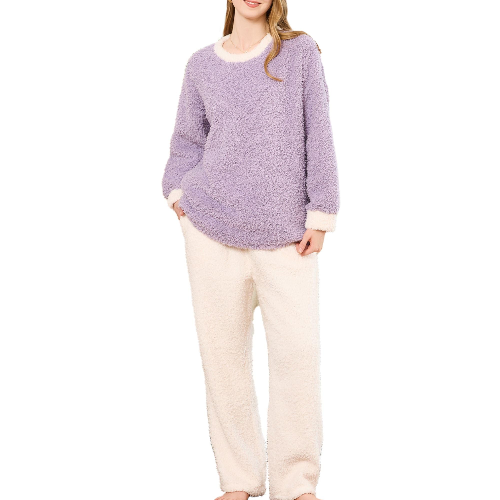 Photo 1 of (LARGE) HEARTNICE Fleece Pajama Set for Women, Pullover Fuzzy Long Sleeve Tops and Pants Plush Sleepwear Soft Warm Pjs Lounge 2 Piece(LIGHT PURPLE, L)