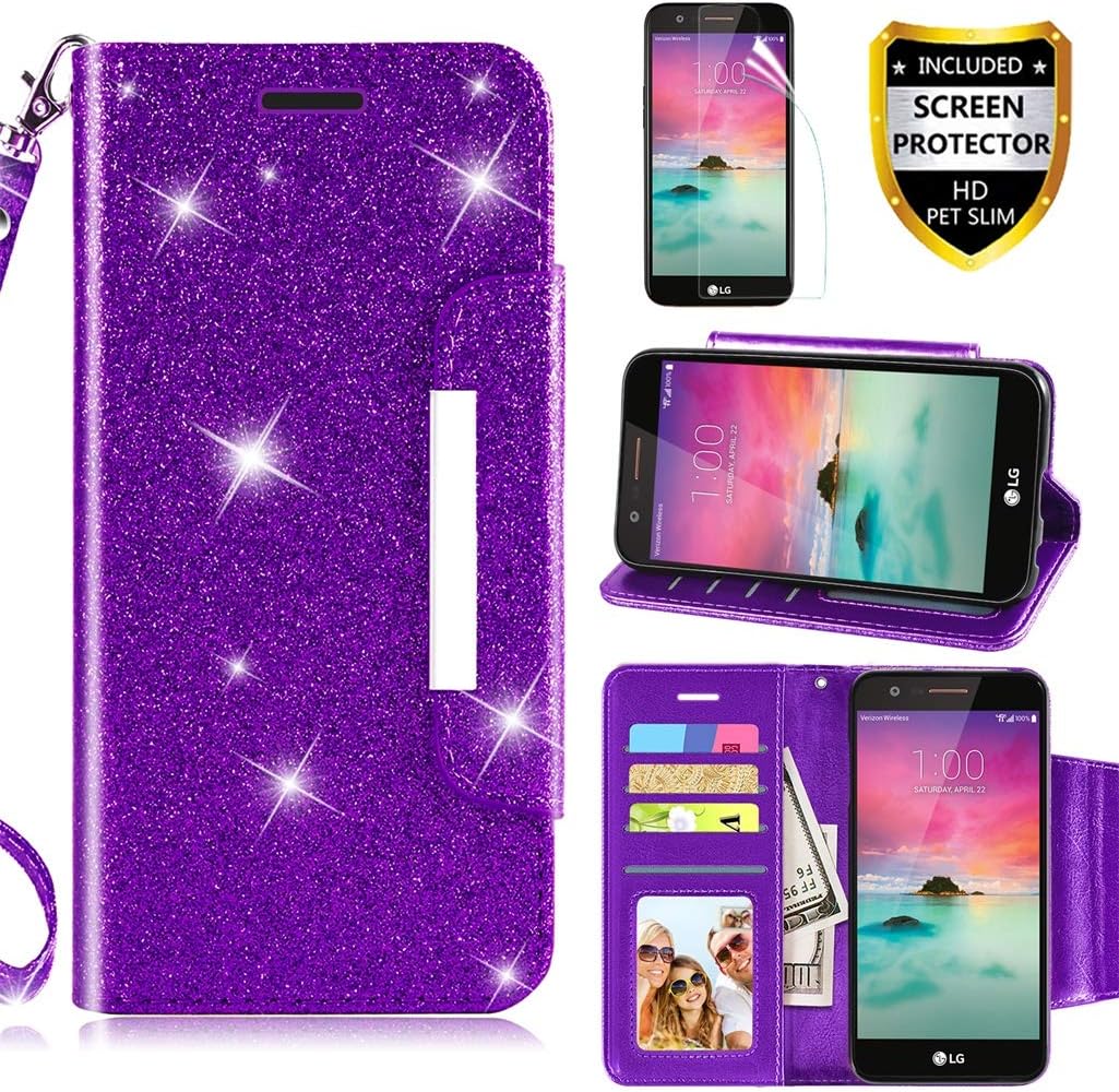 LG K20 Plus Case,LG K20 V Case,LG K10 2017/LG Harmony/LG Grace LTE Wallet Case w [Screen Protector], [Kickstand] [Card Slots] [Wrist Strap] 2 in 1 Glitter Magnetic Flip PU Leather Skin,Purple