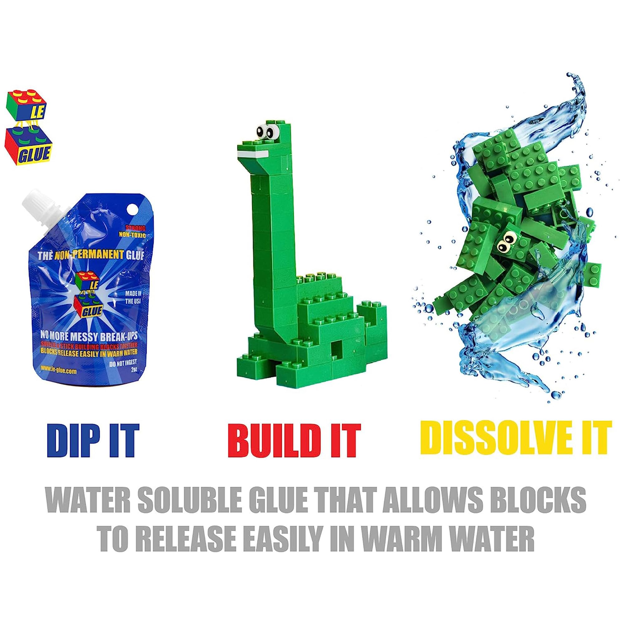 Le Glue Temporary Glue 2 Pack - Compatible with Legos - Non-Permanent Clear Adhesive for Plastic Building Blocks - No Messy Break-Ups - Non-Toxic Formula Created for Kids, by a Kid