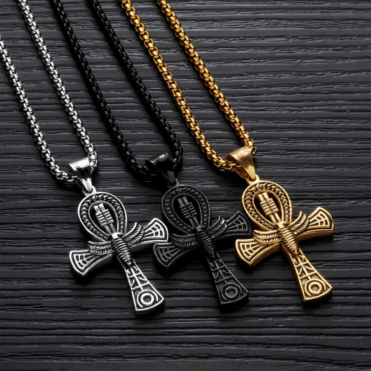 Rehoboth Stainless Steel Ancient Egyptian Coptic Ankh Cross Pendant Necklace for Womens Mens 24 Inch Chain Black Gold Silver