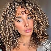 quesdom Short Curly Wigs Blonde Mixed Brown Afro Curly Soft Hair Wig Synthetic Fiber Kinky African American Wig with Bangs for Black Women(27-33,Ombre Brown Mixed Blonde)