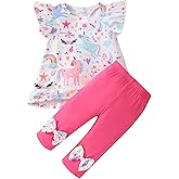 Popshion Little Girls 2 Piece Summer Outfits Flutter Sleeve T-Shirt and Cropped Capri Leggings Kids Clothes Short Sets 2-8t