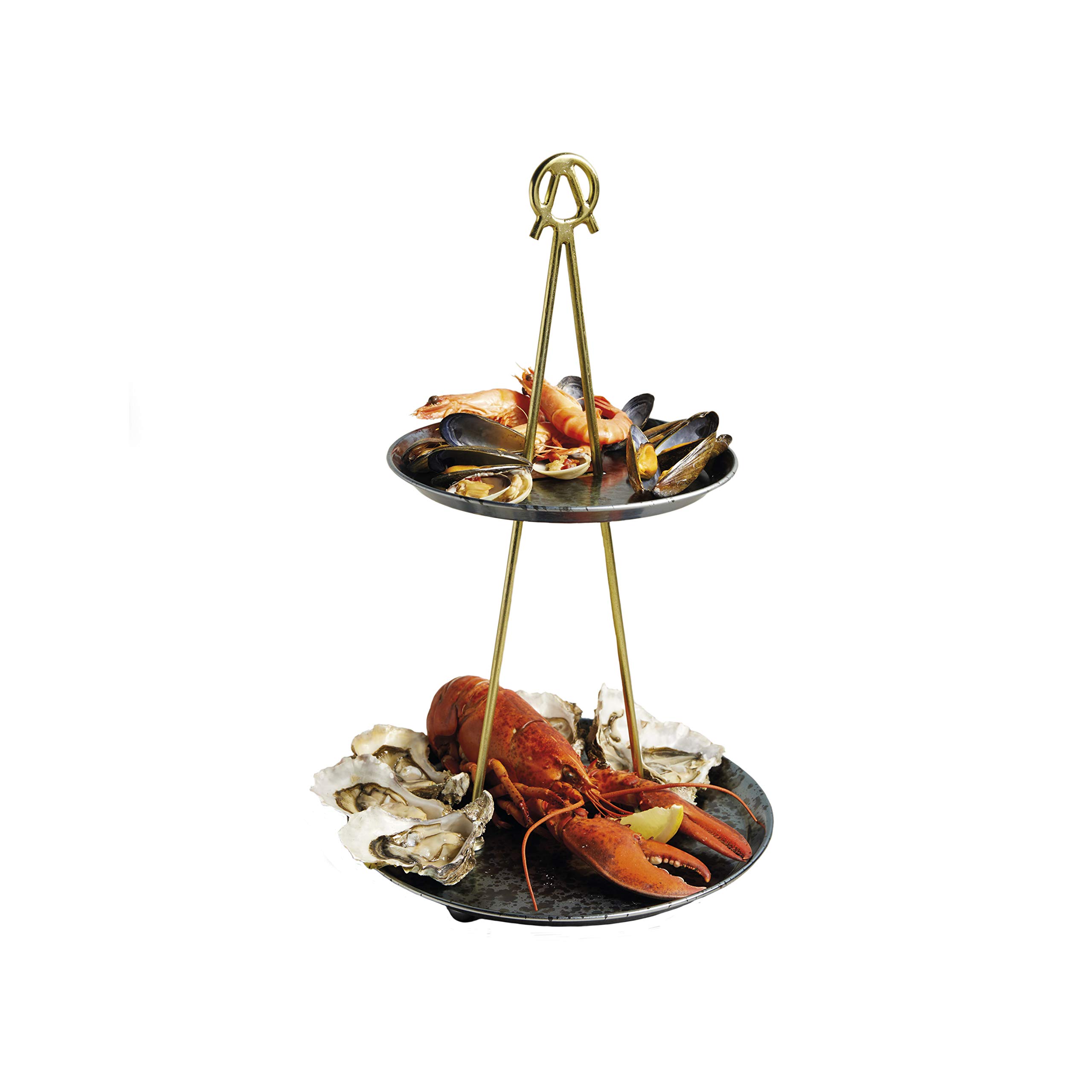 Artesà 2 Tiered Cupcake Stand/Serving Platter in Gift Box, Galvanised Steel, Brass/Metallic Blue, 26 x 43 cm