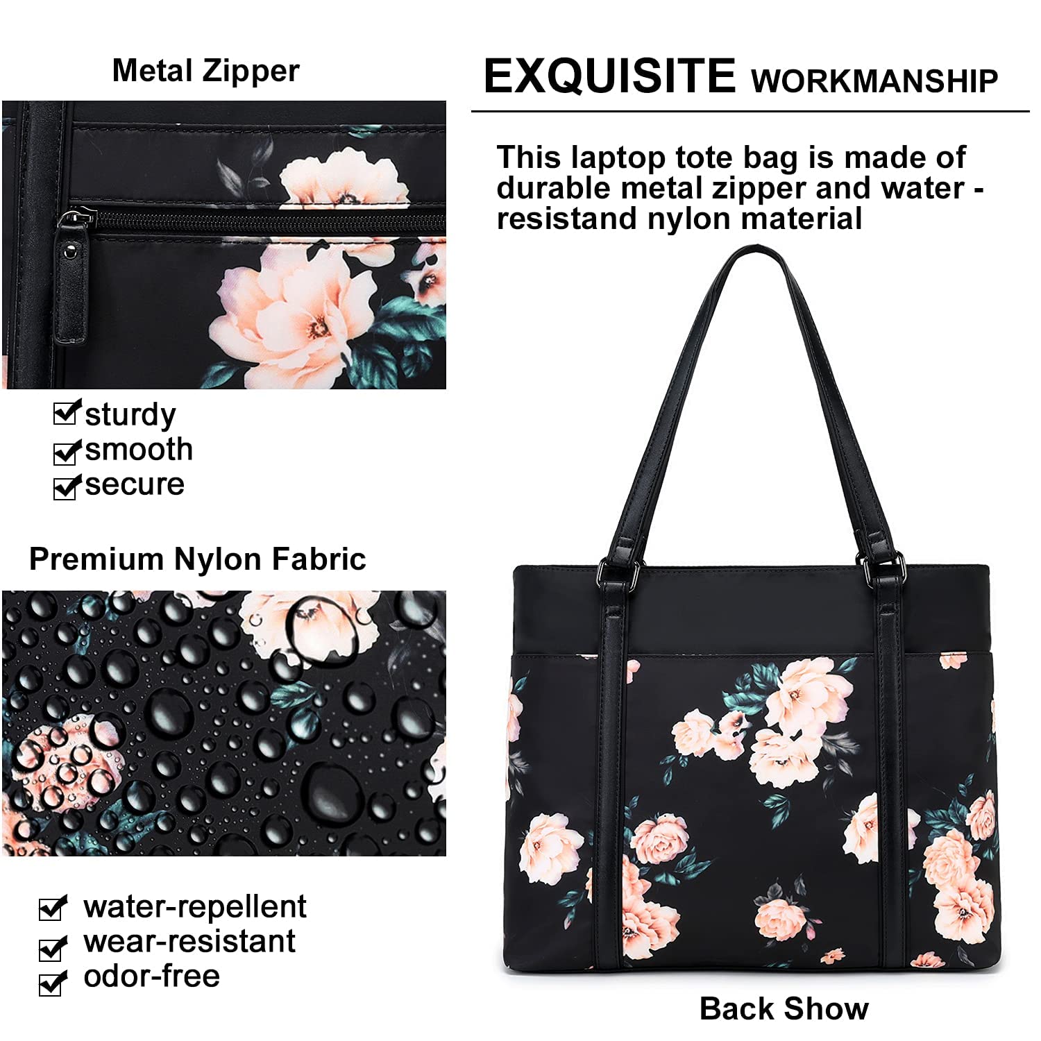 Laptop Tote Bag Womens Work Bags Purse Floral Teacher Handbag Shoulder Bag fit 15.6 in Laptop (Black - Peony Floral)