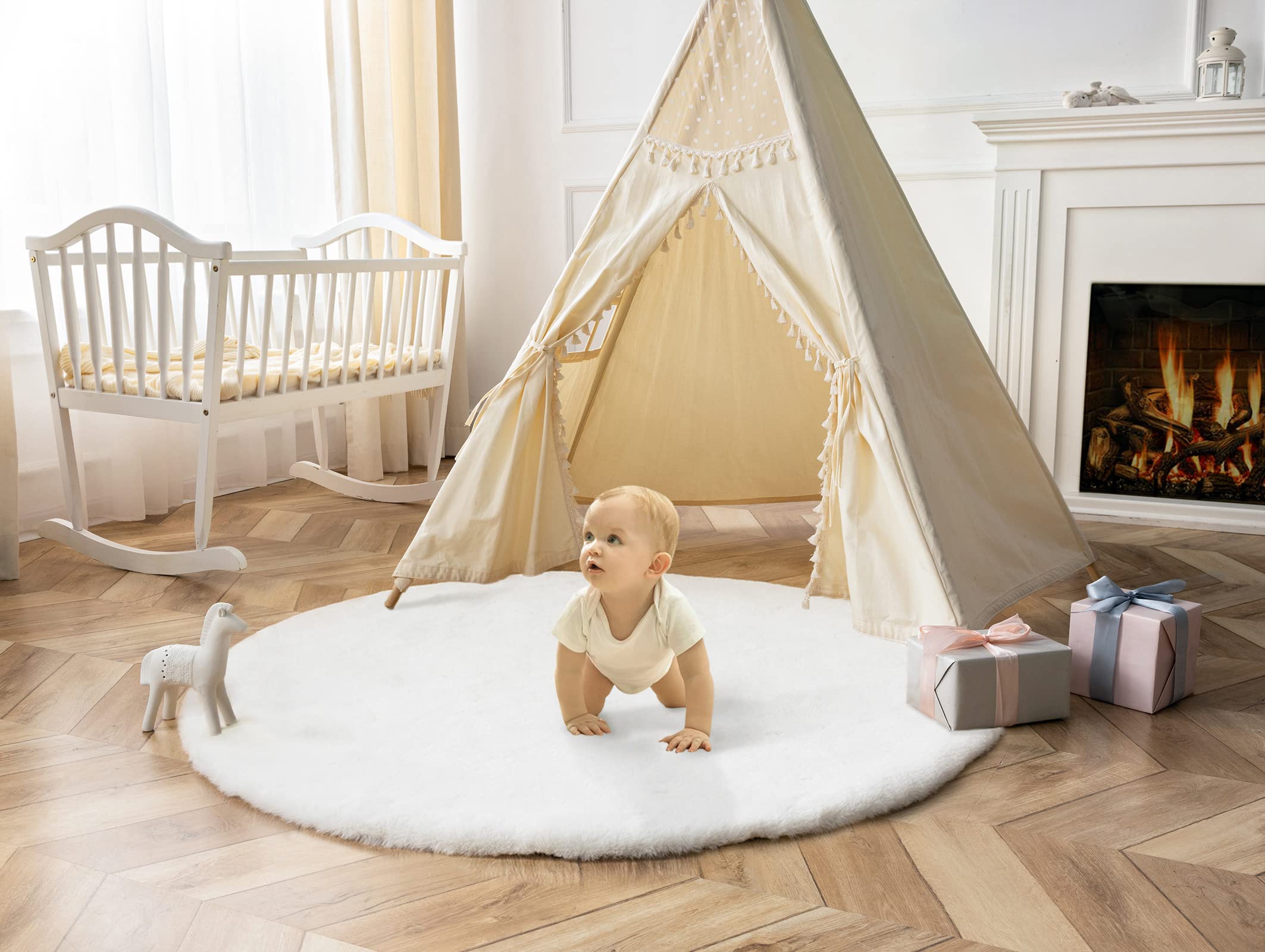 Ashler Faux Fur Rug, Ultra Soft Faux Rabbit Fur, White Area Rugs, 3 x 3 Feet Round, Machine Washable Nursery Decor Throw Rugs for Bedroom, Kids Room, Living Room