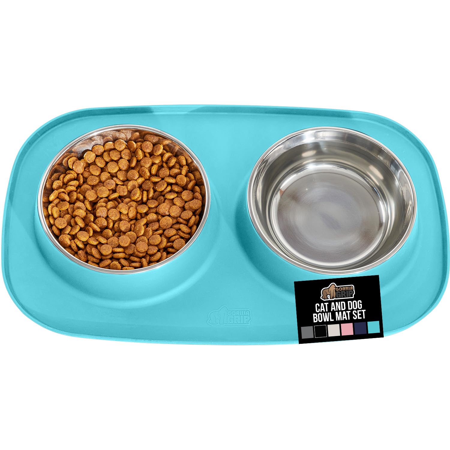 Photo 1 of GORILLA GRIP Feeding Mat Set, Patent Pending 100% Waterproof BPA Free Silicone, Stainless Steel Cat and Dog Bowls, Slip Resistant, Edges Catch Water, Food, US Designed Pet Accessories, 1 Cup Turquoise