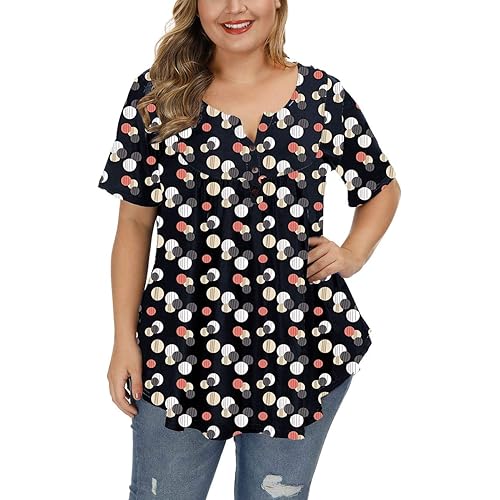 ALLEGRACE Women's Plus Size Floral Blouses Henley V Neck Button Up Tunic Tops Ruffle Flowy Short Sleeve T Shirts