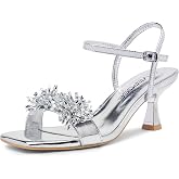 Vepose Women's Rhinestone Kitten Heel Sandals Ankle Strap Heels | Square open toe, crystal cluster, adjustable buckle, padded insole, 2.8 in kitten heel, wedding, prom, party, dinners