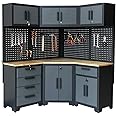 HPDMC Garage Storage Cabinet System, Corner Workshop Set, Garage Cabinets and Storage System with Corner Cabinet, Cabinet Drawers, Workbench, Pegboard for Garage Tool Organization, Black and Grey