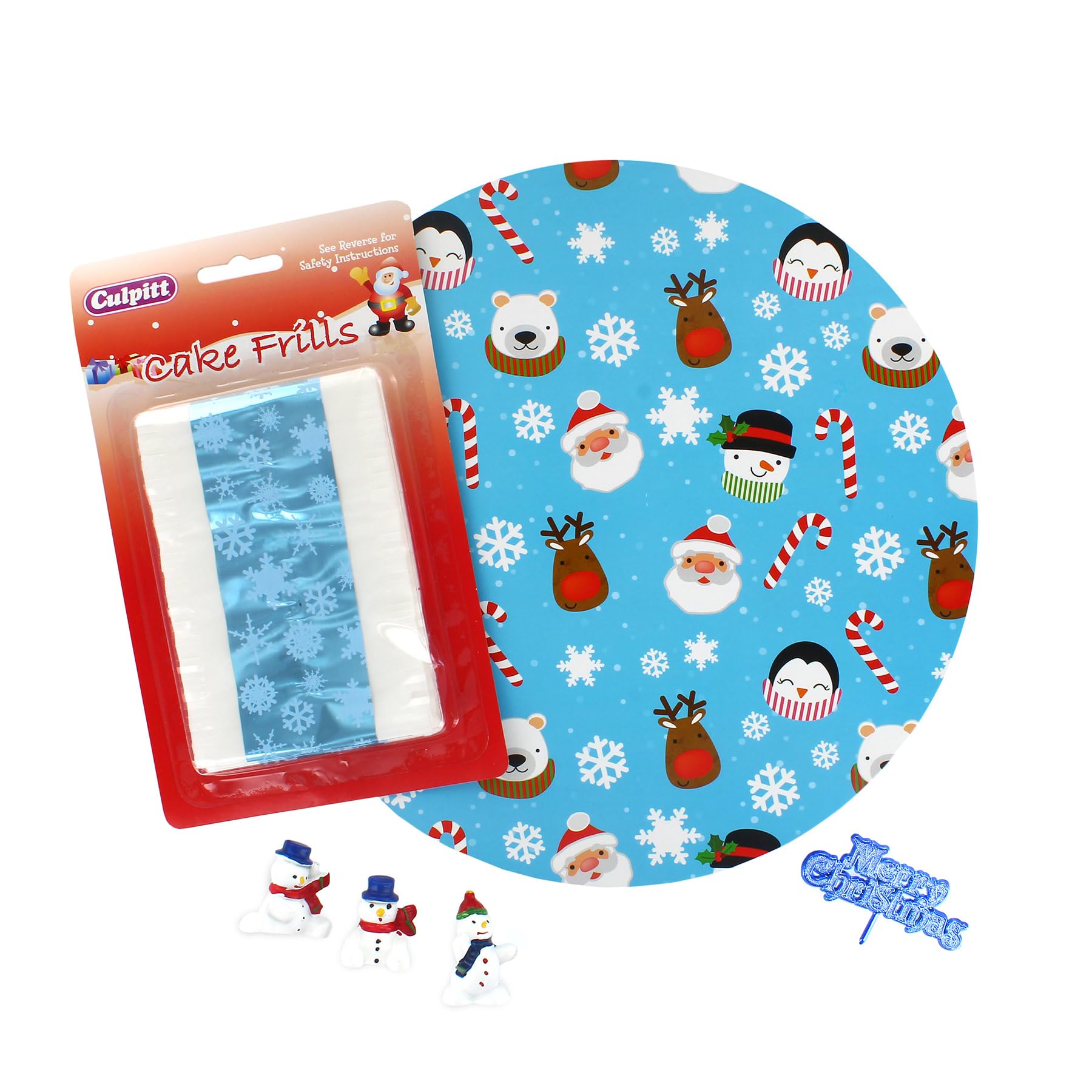 Culpitt Snowman Christmas Kit - 10" Festive Board, Silver Frill, and Toppers Including Snowmen and Blue Merry Christmas Plaque - 6 Piece Set