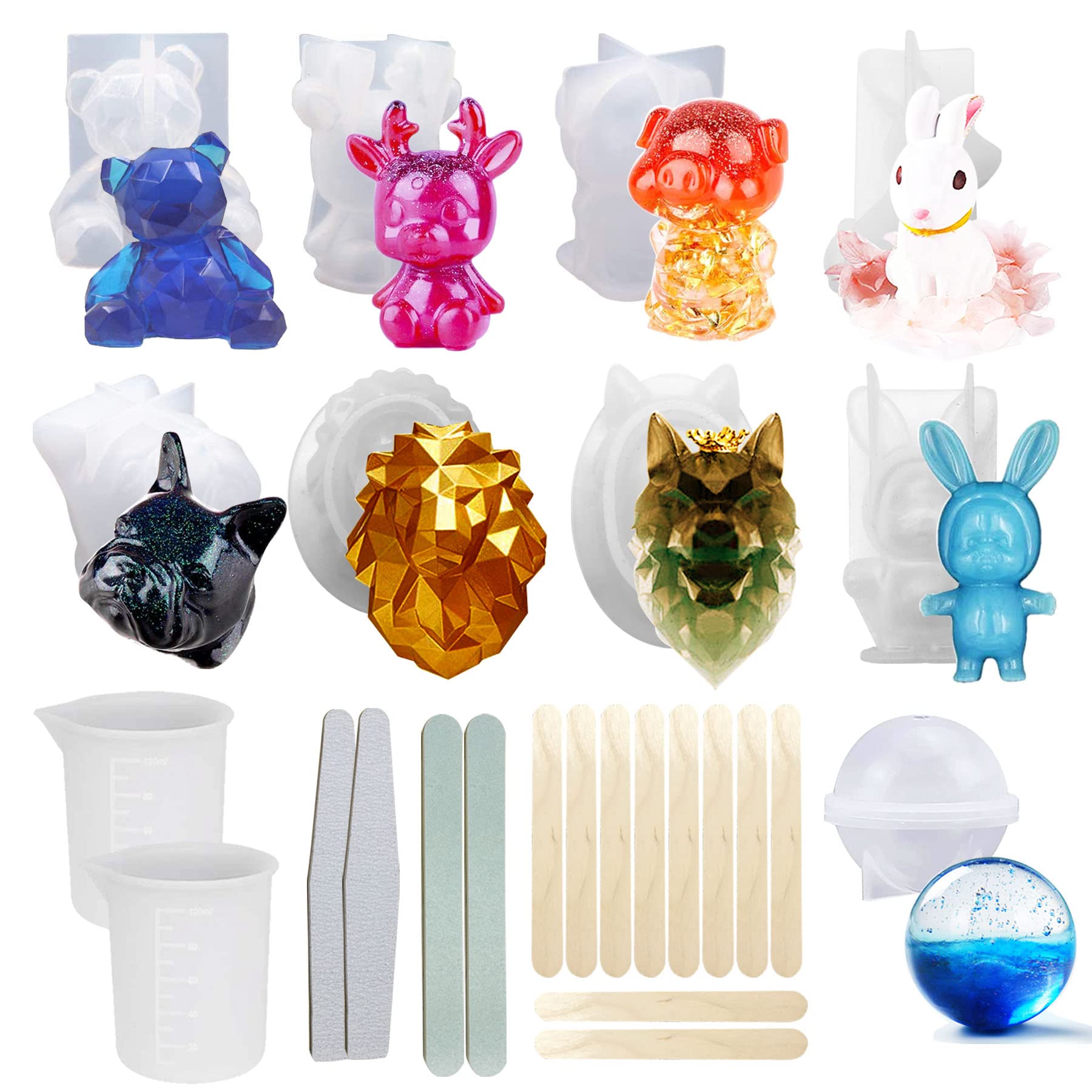 Woohome 3D Animal Resin Molds Tools Set, 9 PCS Resin Casting Molds Epoxy Silicone Molds, Measurement Cup, Wood Stick, Polishing Stick for Resin Craft DIY, Keychain, Home Decoration