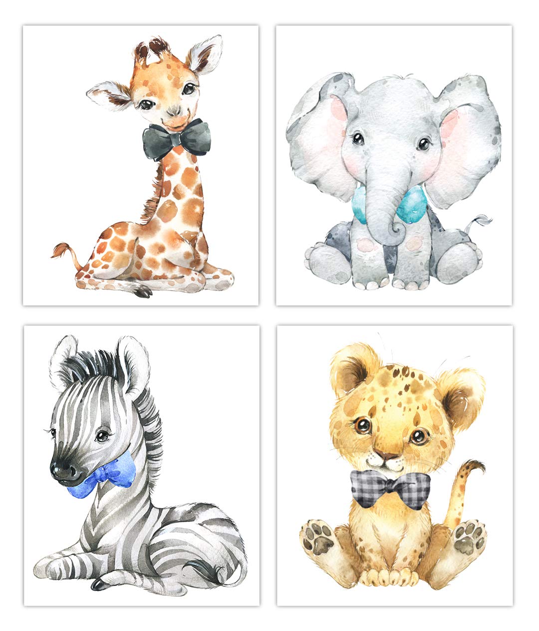 Designs by Maria Inc. Safari Babies Watercolor Animals Prints Set of 4 (Unframed) Nursery Decor Art (8x10) (Option 3)
