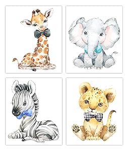 Designs by Maria Inc. Safari Babies Watercolor Animals Prints Set of 4 (Unframed) Nursery Decor Art (8x10) (Option 3)