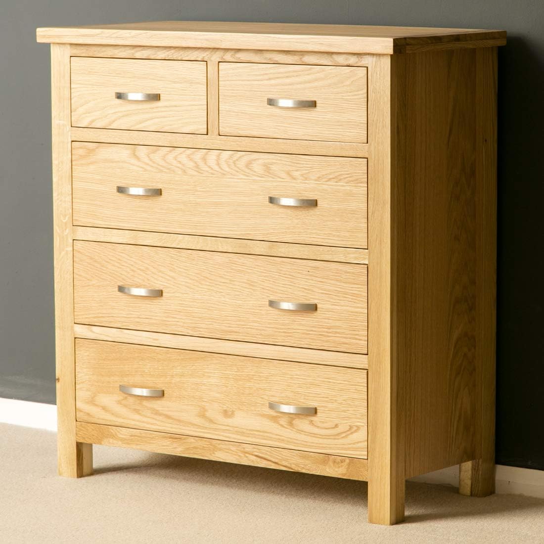 RoselandFurniture London Oak 2 over 3 Chest of Drawers, Beige, 38D x 85W x 90H cm (5 Drawers) - Image 4