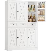 HOSTACK 67"H Farmhouse Kitchen Pantry Storage Cabinet with 3 Drawers, White | Large Food Pantry Cabinet with Swing-Out Door Rack &amp; Adjustable Shelf for Kitchen, Dining room, Living room