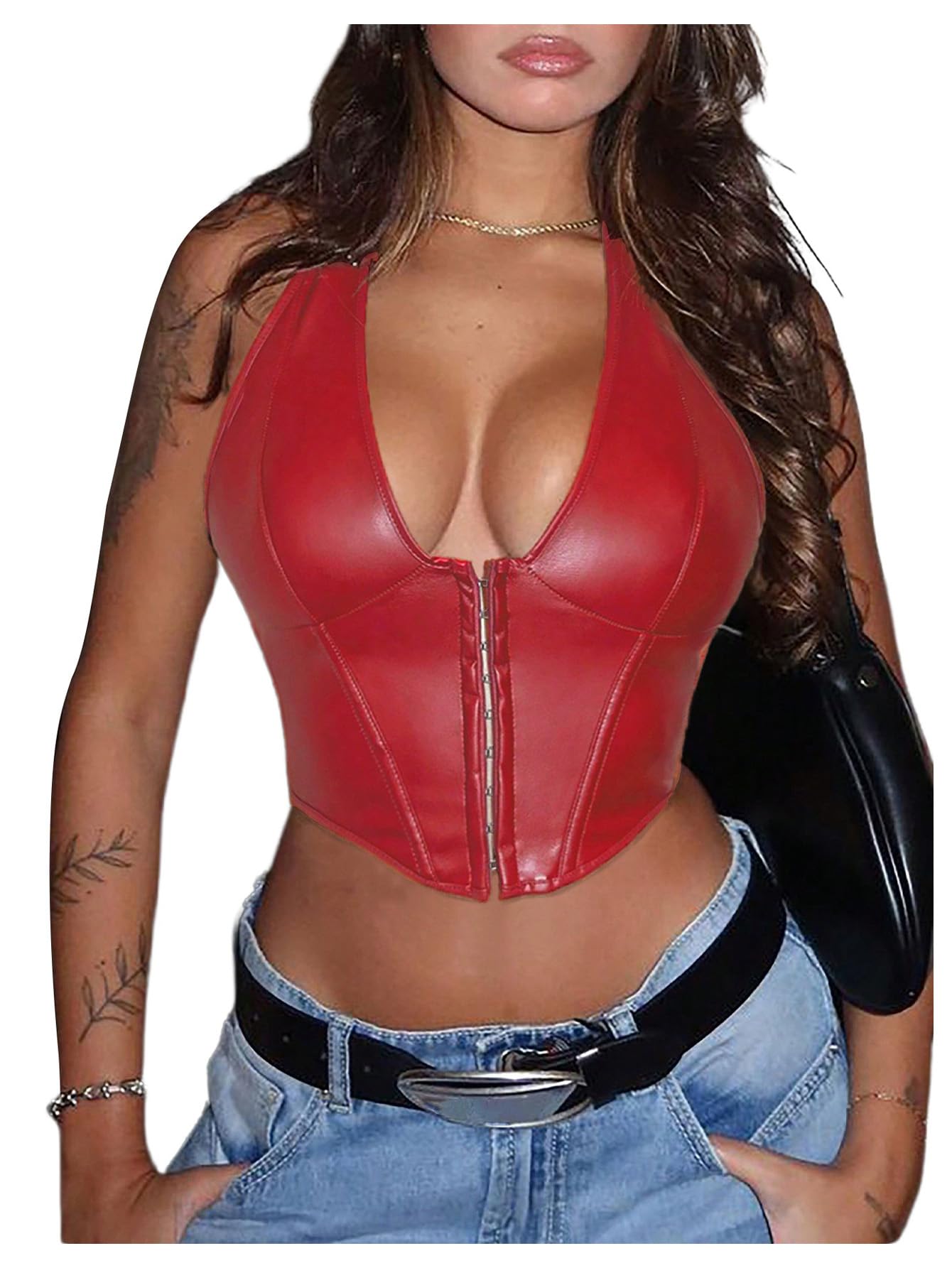 Photo 1 of Floerns Women's Y2K PU Leather Halter Neck Hook Eye Backless Asymmetrical Party Crop Tank Top Red X-Small