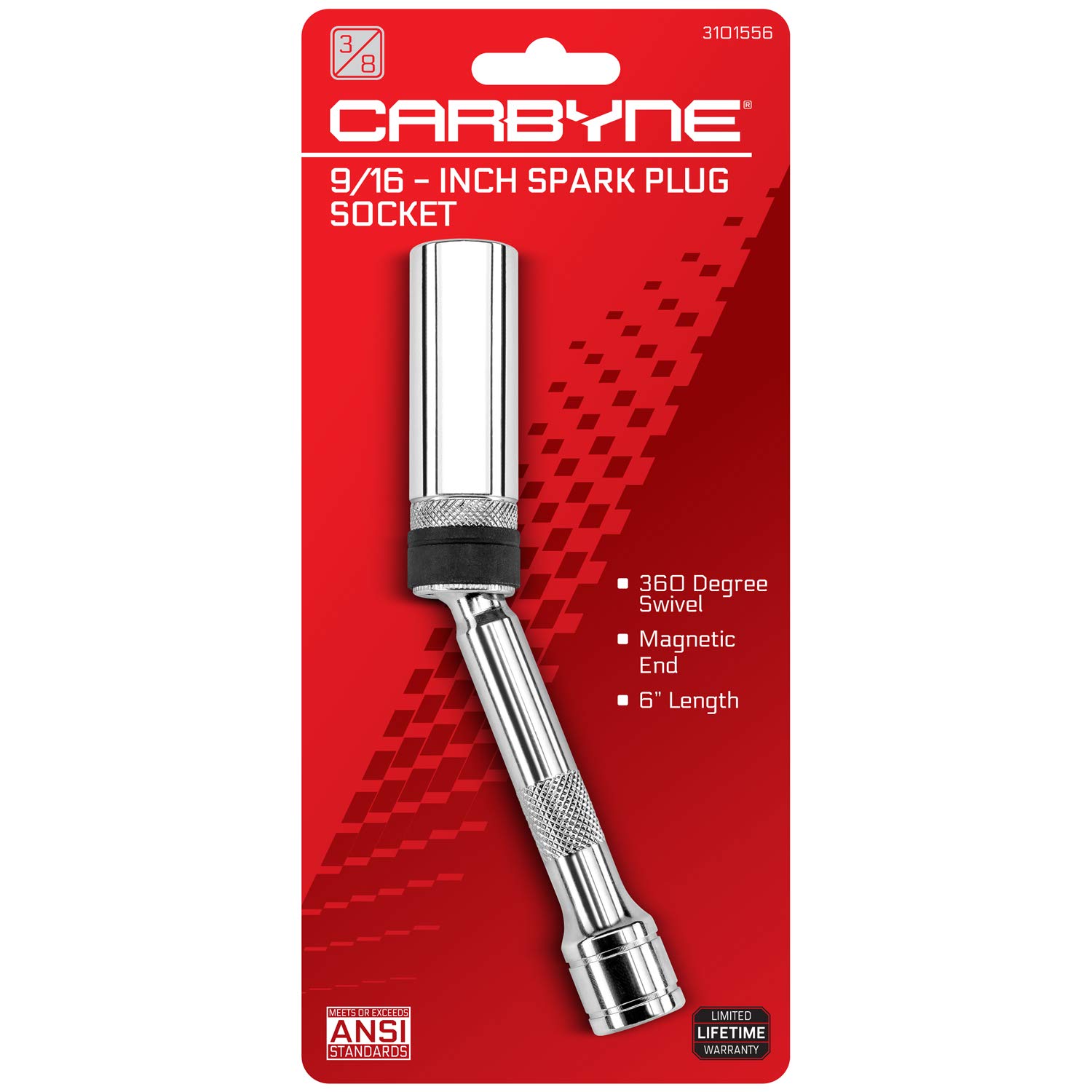 CARBYNE 9/16" Spark Plug Socket - Magnetic Swivel. 3/8" Drive, 6" Overall Length, 6-Point.