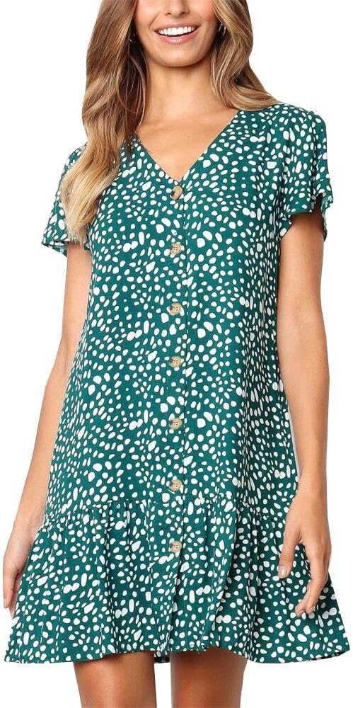 ImystyWomens Polka Dot V Neck Button Down Ruffles Loose Mini Short T-Shirt Dress
