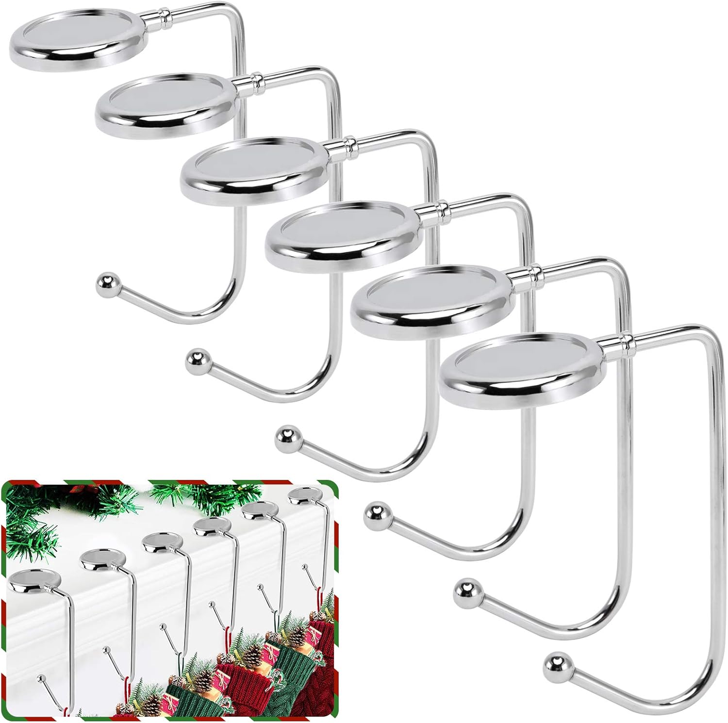 Stockings & Holders - 365park Christmas Stocking Holders for Mantle, 6 Pack Mantel Stocking Hangers Metal Hooks for Fireplace Christmas Xmas Party Decoration (Silver)