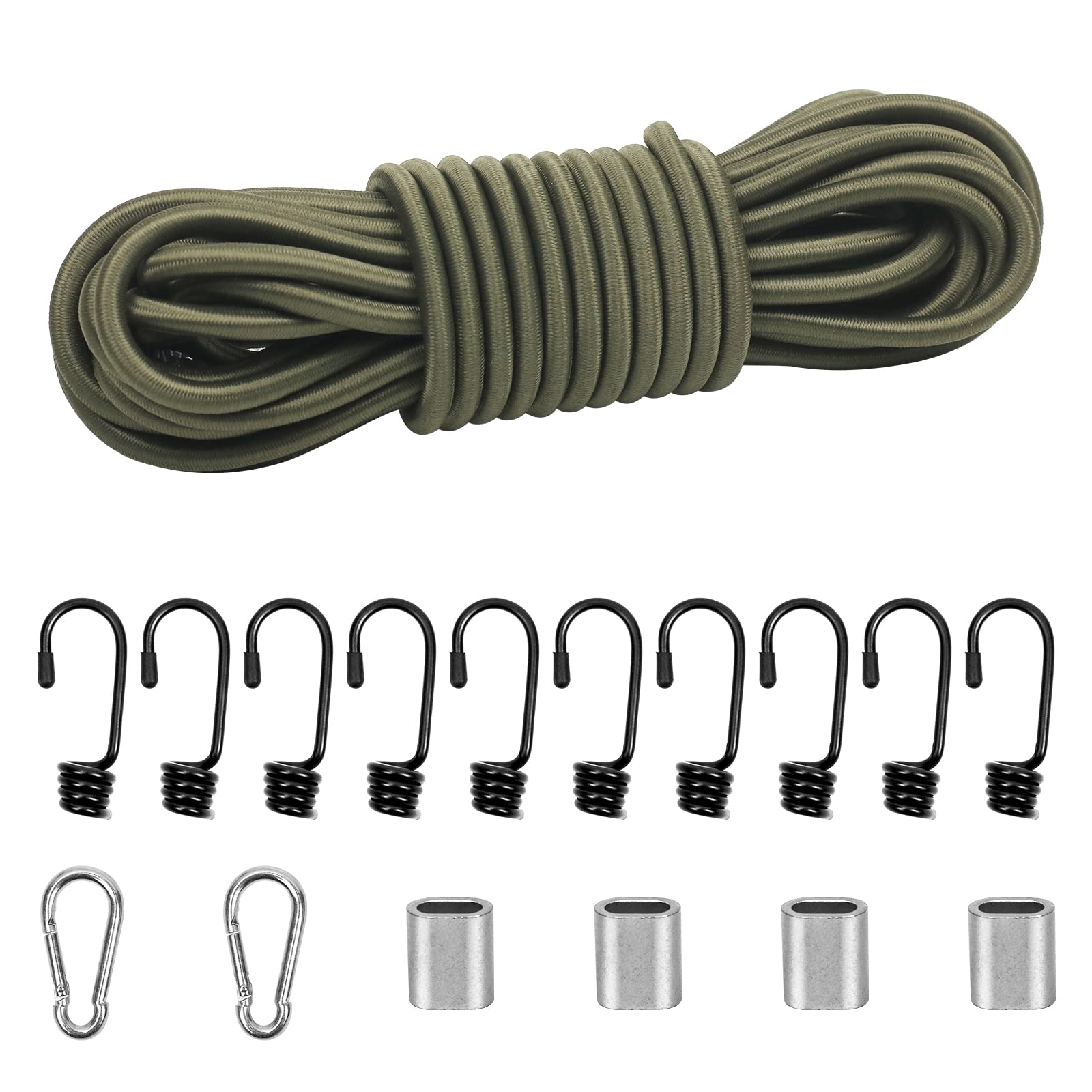Dondeen Elastic Cord,Shock Cord Heavy Duty Elasticated Shock Cord Black Bungee Cords with Hooks and Spring Cord Lock for Caravan Cargo Craft Rack (8mm x 10M, Camouflage green)